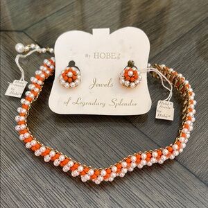 Vintage Hobe Orange and White Beaded Necklace and Clip Earring Set with Tags